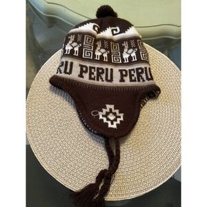 Peruvian Alpaca Reversible Chullo Beanie Brown Boho W/Earflaps Ethnic Geometric